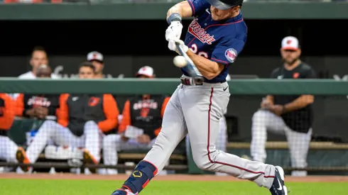 BALTIMORE, MD - MAY 03: Minnesota Twins right fielder Max Kepler (26) bats during the Minnesota Twins game versus the Baltimore Orioles on May 3, 2022 at Orioles Park at Camden Yards, in Baltimore, MD. (Photo by Mark Goldman/Icon Sportswire via Getty Images)