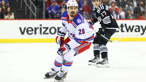 NEWARK, NJ - MARCH 22: New York Rangers left wing Chris Kreider (20) skates during the National Hockey League game between the New Jersey Devils and the New York Rangers on March 22, 2022 at the Prudential Center in Newark, New Jersey. (Photo by Rich Graessle/Icon Sportswire via Getty Images)