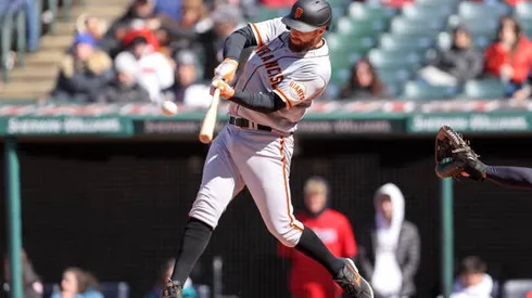 CLEVELAND, OH - APRIL 17: San Francisco Giants designated hitter Brandon Belt (9) hits a 2-run home run during the seventh inning of the the Major League Baseball Interleague game between the San Francisco Giants and Cleveland Guardians on April 17, 2022, at Progressive Field in Cleveland, OH. (Photo by Frank Jansky/Icon Sportswire via Getty Images)