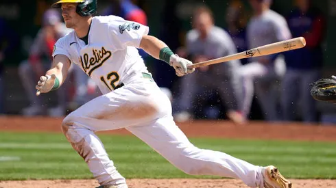 OAKLAND, CALIFORNIA - APRIL 24: Sean Murphy #12 of the Oakland Athletics bats against the Texas Rangers in the bottom of the fifth inning at RingCentral Coliseum on April 24, 2022 in Oakland, California. (Photo by Thearon W. Henderson/Getty Images)
