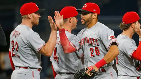 PITTSBURGH, PA - MAY 12: Tommy Pham #28 of the Cincinnati Reds celebrates with teammates after defeating the Pittsburgh Pirates 4-0 during the game at PNC Park on May 12, 2022 in Pittsburgh, Pennsylvania. (Photo by Justin K. Aller/Getty Images)