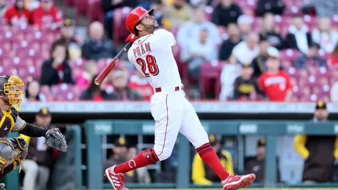CINCINNATI, OHIO - APRIL 26: Tommy Pham #28 of the Cincinnati Reds hits single in the first inning against the San Diego Padres at Great American Ball Park on April 26, 2022 in Cincinnati, Ohio. (Photo by Andy Lyons/Getty Images)