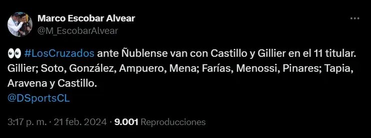 La formación de la UC que reportó el periodista Marco Escobar. (Captura Twitter).