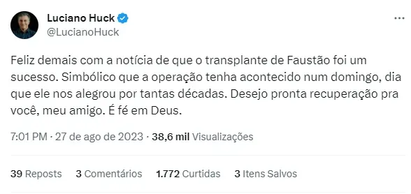 Foto: Reprodução/Twitter de Luciano Huck