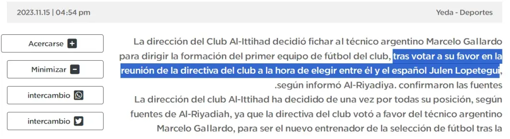 Arriyadiyah reproduce lo que contaron en Al-Riyadiya de que Marcelo Gallardo ganó la votación para ser elegido como entrenador del Al Ittihad.