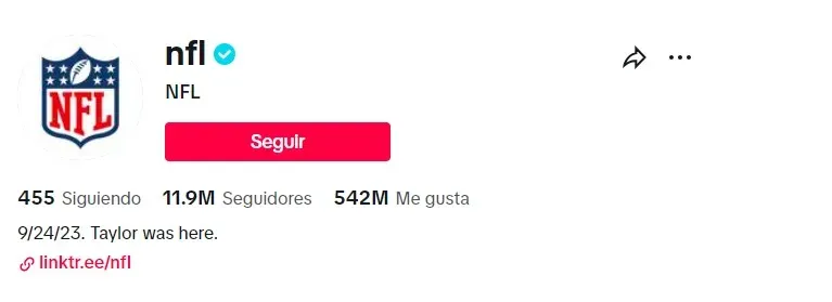 El perfil de TikTok de NFL recordando a Swift (Captura)