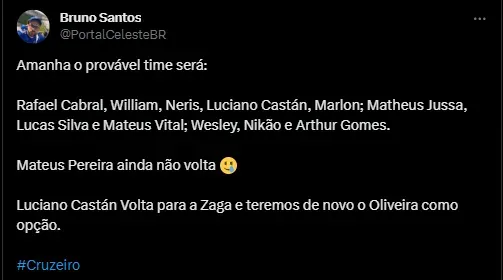 Relacionados do Cruzeiro para enfrentar o América