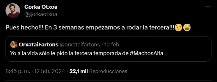 La confirmación de la temporada 3 de Machos Alfa en Netflix. (Twitter @gorkaotxoa)