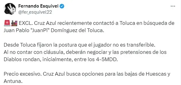 Cruz Azul mostró interés en Juan Pablo Domínguez y Toluca ya respondió (X)