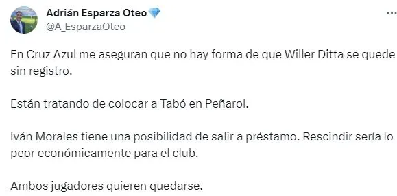 Willer Ditta será registrado en Cruz Azul (Twitter)