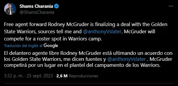 Posible refuerzo de Warriors (Foto: X / @ShamsCharania)