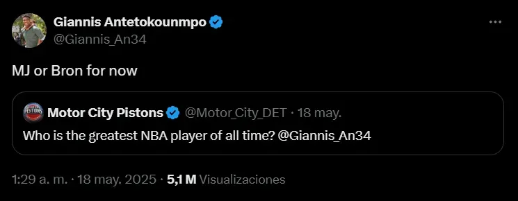 El tuit de Giannis Antetokounmpo.