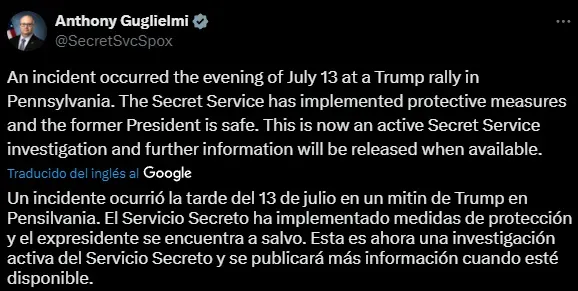 “Trump está bien”, de acuerdo al Servicio Secreto (X @SecretSvcSpox).