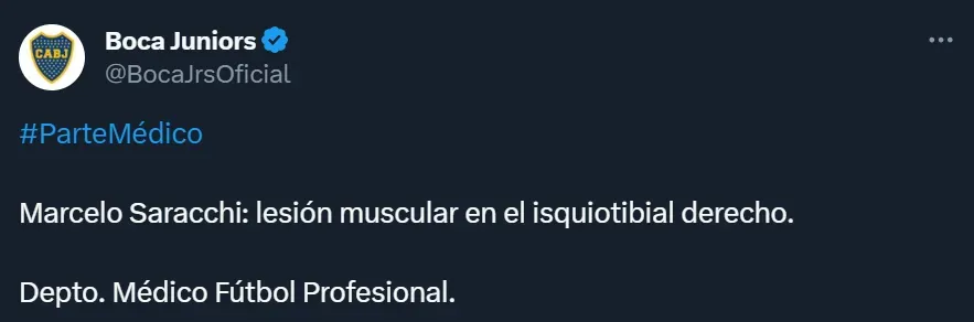 Boca emitió el parte médico oficial de Marcelo Saracchi.