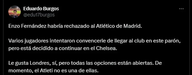 El medio AS afirma que Enzo no tiene intenciones de ir al Atlético de Madrid.