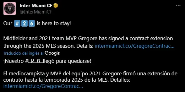 Inter Miami renovó a Gregore. (Foto: X / @InterMiamiC