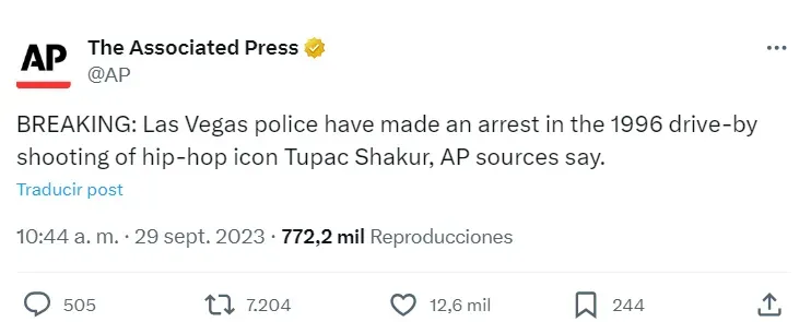 Este fue el tuit con el que The Associated Press reveló el arresto. Imagen: X.