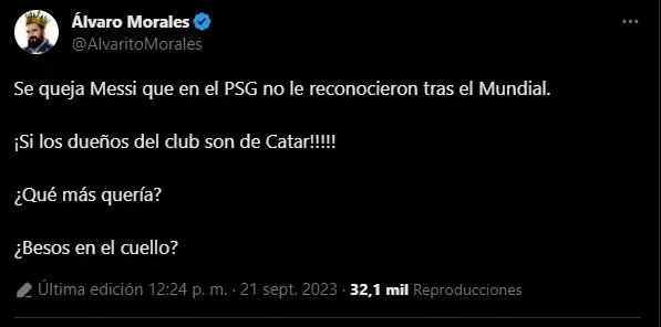 Morales le responde a Messi (Foto: X / @AlvaritoMorales)