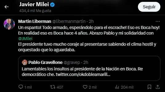 El like de Javier Milei por los silbidos que recibió