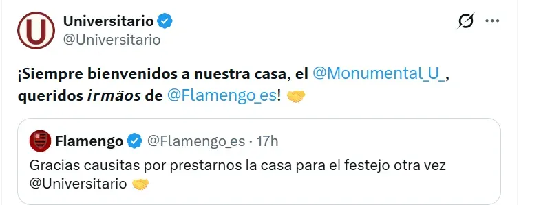 ‘U’ aceptó que Flamengo llame “la casa” al Monumental. (Foto: X)