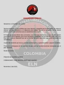 Primer aviso del ELN sobre la liberación.