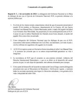 Comunicado de ELN sobre Luis Díaz.