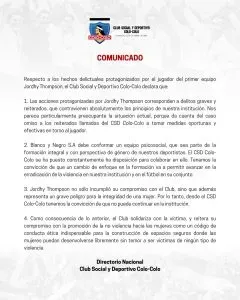 Comunicado del CSD Colo Colo con respecto al delito cometido por Jordhy Thompson,