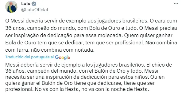 El tuit de Lula a favor de Lionel Messi y en contra de Neymar.