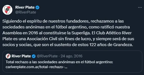 La posición de River Plate, contra las ideas de Milei.