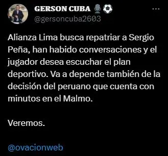 Noticia pasada sobre el futuro de Sergio Peña en Alianza Lima. (Foto: Twitter).