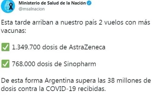 Argentina recibe más dosis que le permitirán intensificar el plan de vacunación contra el coronavirus. (Foto: Twitter Ministerio de Salud).