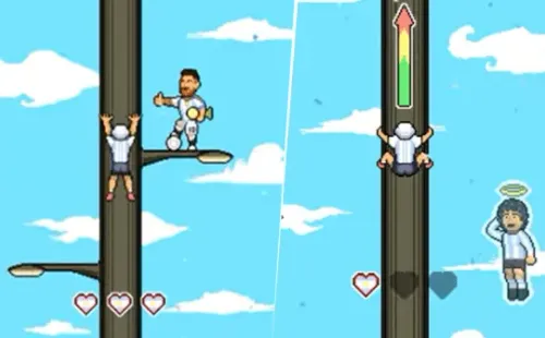 Lionel Messi, con la Copa del Mundo, y un ángel de Diego Armando Maradona, presentes en Semáforo Climber (Foto: Captura Semáforo Climber)