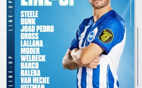 Albion v Man City team graphic featuring Pascal Gross in our home kit with his arms folded: 

Steele, Dunk, Joao Pedro, Gross, Lallana, Moder, Welbeck, Barco, Baleba, van Hecke, Veltman. Subs: Verbruggen, Igor Julio, Webster, Enciso, Adingra, Fati, Buonanotte, Offiah, O'Mahony. 

Come on Albion!