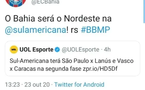 Perfil oficial do Bahia respondendo ao site UOL Esporte (Reprodução)