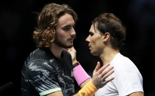 Tsitsipas e Nadal se cumprimentam no ATP Finals. Foto: Getty Images