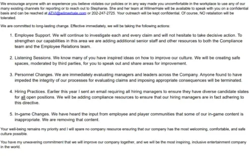 Segunda parte da mensagem do CEO da Activision Blizzard (Captura de tela)
