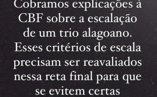 O presidente do clube usou o Instagram para fazer o questionamento a CBF | Crédito: Reprodução