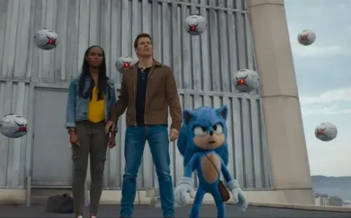 Tika Sumpter, James Marsden, and Sonic (Ben Schwartz) in SONIC THE HEDGEHOG from Paramount Pictures and Sega. Photo Credit: Courtesy Paramount Pictures and Sega of America.
