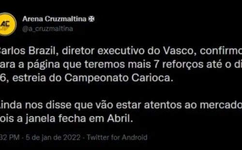 Foto: Reprodução Arenacruzmaltina/Twitter | Carlos Brazil fala do planejamento do Vasco para 2022