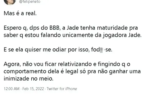 Felipe Neto critica Jade Picon, participante do BBB 22. Foto: Reprodução/Twitter