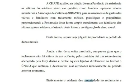 FOTO/REPRODUÇÃO – Site do Globo Esporte: Documento onde Chapecoense acusa o ex-jogador de tomar vantagem da situação