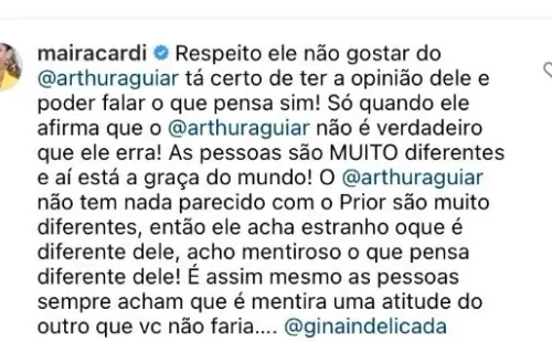 Maira Cardi rebateu declaração de Prior sobre Arthur Aguiar. Foto: Reprodução/Instagram