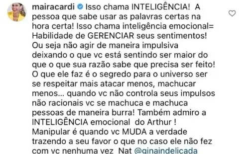 Maira Cardi defende Arthur Aguiar. Foto: Reprodução/Instagram