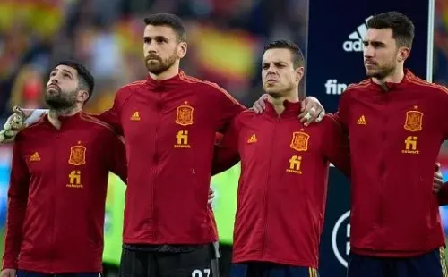 Angel Martinez/Getty Images -Jordi Alba, Unai Simon, Cesar Azpilicueta e Aymeric Laporte pela seleção espanhola
