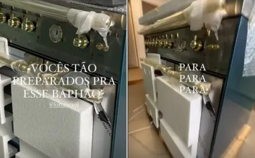 Isabella Scherer apresenta seu novo fogão de 55 mil reais: “Meu terceiro bebê”. Imagens: Reprodução/Stories Instagram oficial da atriz.