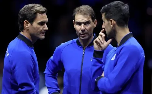 Big 3 reunido na despedida de Federer na Laver Cup, no ano passado.     Créditos: Julian Finney/Getty Images