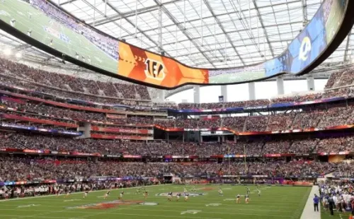 Opening kick off of the Los Angeles Rams against the Cincinnati Bengals during the Super Bowl at SoFi Stadium on February 13, 2022 in Inglewood, California. (Photo by Andy Lyons/Getty Images)