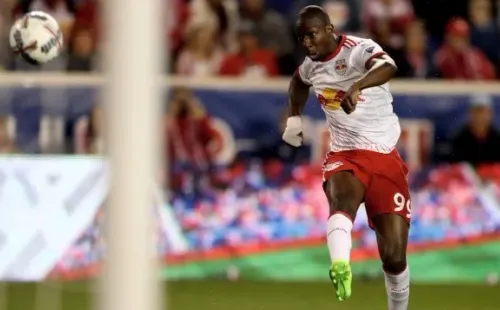 Bradley Wright-Phillips #99 of New York Red Bulls takes a shot in the first half against the D.C. United at Red Bull Arena on April 15, 2017 in Harrison, New Jersey. (Photo by Elsa/Getty Images)
