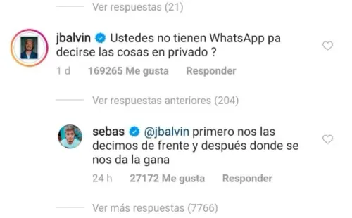 El comentario de Balvin en Instagram.
