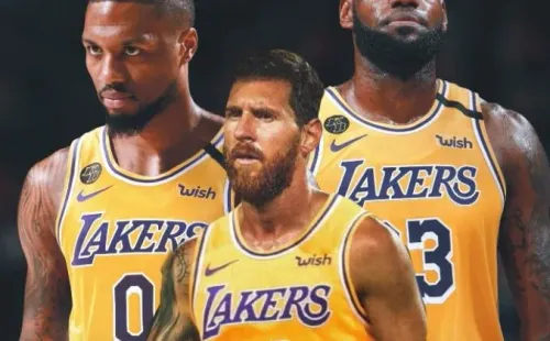 En mundo de gigantes, Messi sería Dios. Acá con el jersey de Los Ángeles Lakers, de la NBA.